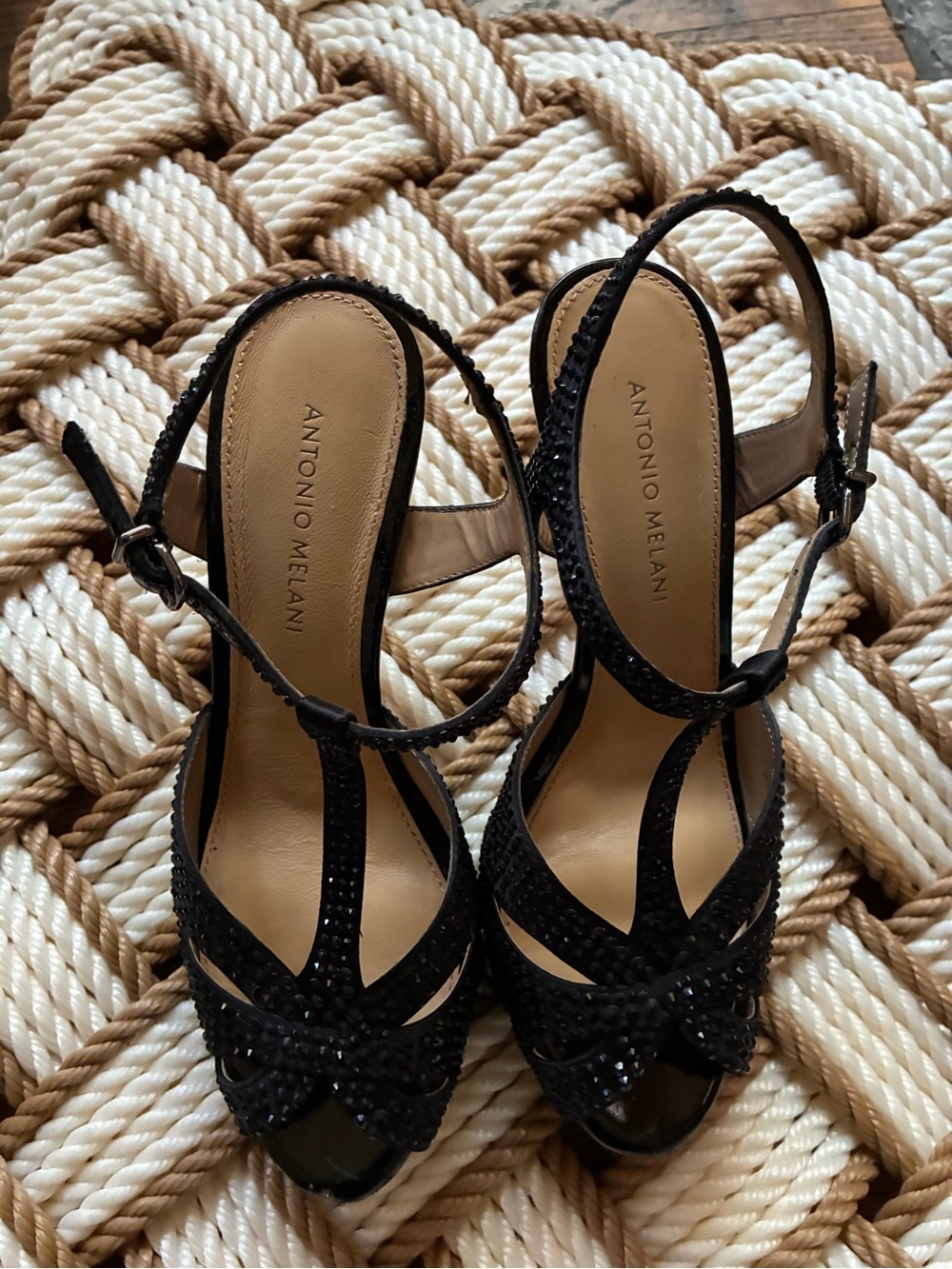 ANTONIO MELANI Black Strappy Embellished Peep-Toe Heels